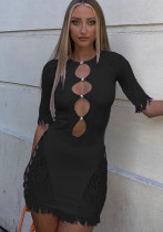 Frauen Sommer Schwarz Sexy O-Ausschnitt Halbarm Gestreifter Druck Fransen Mini Figurbetontes Kleid