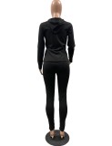 Women Spring Black Sports Hooded Full Sleeves Solid Pockets Regular Two Piece Pants Set