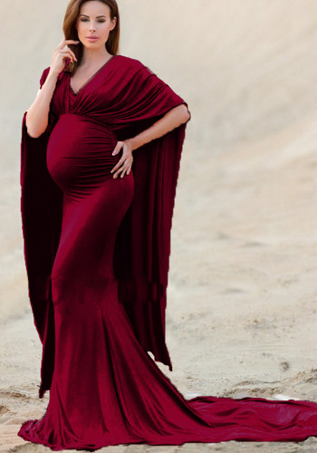 Dames Lente Rode Bescheiden V-hals Halve Mouwen Solide Zwangerschapsjurk