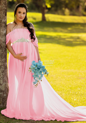 Vestido de maternidad con volantes de encaje sólido de manga corta con hombros descubiertos y rosa de verano para mujer