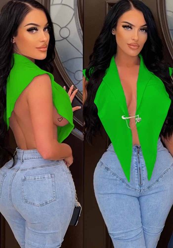 Frauen Sommer Grün Sexy Turn-Down-Kragen Ärmelloses Solid Regular Shirt