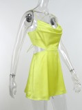 Women Summer Yellow Sweet Strap Sleeveless Solid Satin Mini Loose Club Dress