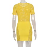 Women Summer Yellow Sexy O-Neck Short Sleeves Striped Print Hollow Out Mini Bodycon Dress