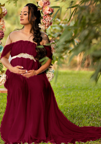 Женское летнее красное сладкое платье для беременных с открытыми плечами и короткими рукавами, однотонное кружевное платье с оборками