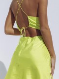 Women Summer Yellow Sweet Strap Sleeveless Solid Satin Mini Loose Club Dress