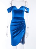 Women Summer Blue Modest Off-the-shoulder Solid Satin Ripped Mini Bodycon Dress
