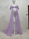 Women Summer Purple Sweet V-neck Short Sleeves Solid Lace Maternity Dress