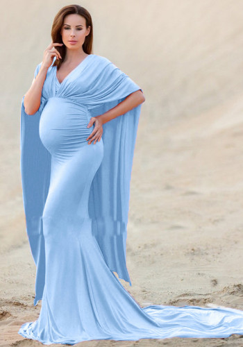 Women Spring Blue Modest V-neck Half Sleeves Solid Maternity Dress