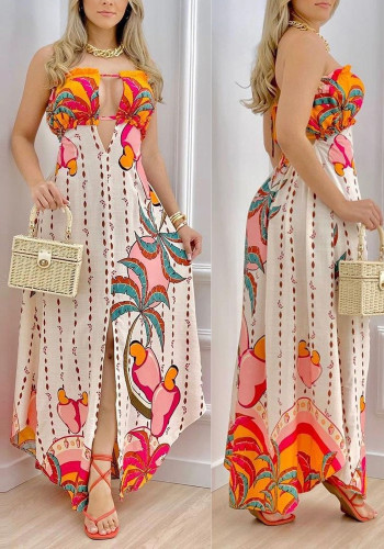 Dames zomer bescheiden strapless mouwloze bloemenprint uitgehold maxi-jurk