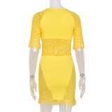Mini abito aderente con frange e stampa a righe a maniche lunghe con scollo a O sexy giallo estivo da donna