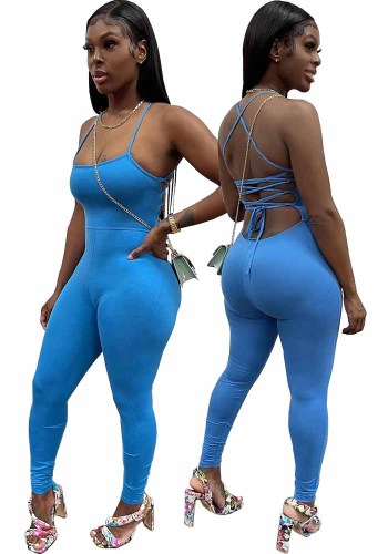 Dames Zomer Blauw Sexy Band Mouwloos Solid Lace Up Volledige Lengte Skinny Backless Jumpsuit
