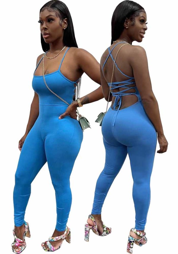 Women Summer Blue Sexy Strap Sleeveless Solid Lace Up Full Length Skinny Backless Jumpsuit