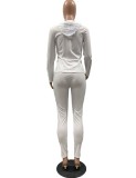 Women Spring White Sports Hooded Full Sleeves Solid Pockets Regular Two Piece Pants Set