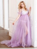 Women Summer Purple Sweet V-neck Short Sleeves Solid Lace Maternity Dress