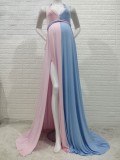 Women Summer Pink Sweet V-neck Sleeveless Color Blocking Lace Maternity Dress