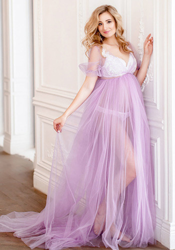 Женское летнее фиолетовое сладкое платье с v-образным вырезом и короткими рукавами, однотонное кружевное платье для беременных