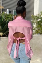 Kadın Yaz Pembe Seksi Turn-down Yaka Tam Kollu Katı Dantel Up Normal Bluz