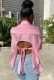 Women Summer Pink Sexy Turn-down Collar Full Sleeves Solid Lace Up Regular Blouse