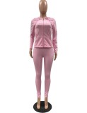 Set di pantaloni a due pezzi regolari da donna, con cappuccio, maniche lunghe, sportive, rosa, primaverili