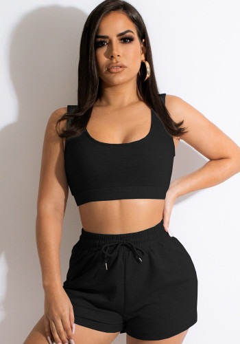 Women Summer Black Casual Halter Sleeveless High Waist Solid Regular Two Piece Shorts Set