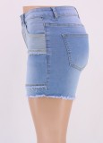 Jeans estivi da donna blu patchwork a vita alta con cerniera tasche color blocking pantaloncini corti di jeans regolari