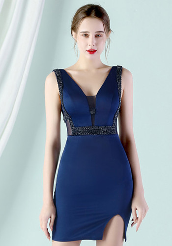 Women Summer Dark Blue Formal V-neck Sleeveless Solid Diamonds Mini Bodycon Dress