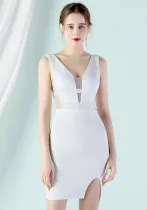 Women Summer White Formal V-neck Sleeveless Solid Diamonds Mini Bodycon Dress