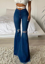 Women Spring Blue FLARE PANTS High Waist Zipper Fly Solid Fringed Full Length Regular Pants
