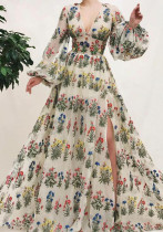 Vestido maxi rasgado con estampado floral de manga larga con cuello en V dulce estampado de primavera para mujer