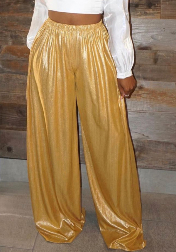 Pantaloni larghi da donna in oro primavera a vita alta Pantaloni larghi a tutta lunghezza con elastico in vita