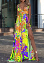 Women Summer Printed Sweet V-neck Sleeveless Floral Print Ripped Maxi Dress