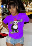 T-shirt regolare con stampa animalier a maniche corte con scollo a O e viola estivo da donna