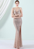 女性サマーゴールドロマンティックストラップノースリーブメタリックスパンコールイブニングドレス