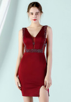 Mini vestido ajustado de diamantes sólidos sin mangas con cuello en V Formal rojo de verano para mujer