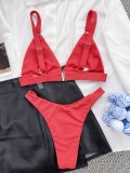 Costume da bagno a due pezzi solido con scollo a V bikini rosso da donna