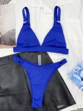 Costume da bagno a due pezzi solido con scollo a V bikini blu da donna