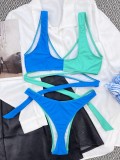 Women Blue Bikini V-Neck Color Blocking Two Piece Swimwear