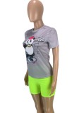 T-shirt regolare con stampa animalier a maniche corte con scollo a O carino grigio estivo da donna