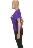 T-shirt regolare con stampa animalier a maniche corte con scollo a O e viola estivo da donna