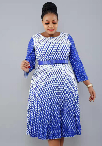 Women Spring Blue Modest O-Neck Full Sleeves Snake Skin Belted Midi A-line Plus Size Casual Dress