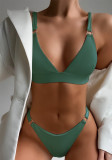 Costume da bagno a due pezzi solido con scollo a V bikini verde da donna