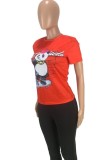 T-shirt regolare da donna con stampa animalier a maniche corte con scollo a O carino rosso estivo