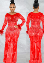 Women Spring Red Vintage O-Neck Full Sleeves Solid Mesh Diamonds Evening Dress