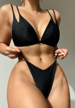 Bikini negro con cuello en V para mujer Traje de baño de dos piezas calado sólido