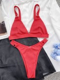 Costume da bagno a due pezzi solido con scollo a V bikini rosso da donna