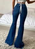 Pantaloni da donna blu primavera FLARE Pantaloni a vita alta con cerniera a vita alta con frange a tutta lunghezza