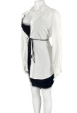 Abito estivo donna bianco modesto colletto rovesciato maniche lunghe patchwork pizzo mini abito camicetta a matita