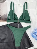 Costume da bagno a due pezzi solido con scollo a V bikini verde da donna