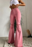 Pantaloni da donna primavera rosa FLARE Pantaloni a vita alta con cerniera a vita alta con frange a tutta lunghezza