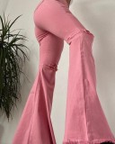 Pantaloni da donna primavera rosa FLARE Pantaloni a vita alta con cerniera a vita alta con frange a tutta lunghezza